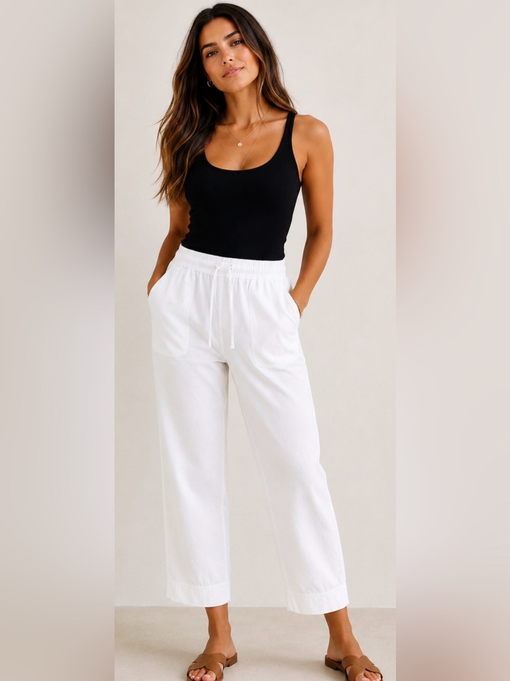 ZARA Women’s White Cotton Pull-On Pants Size L Relaxed Fit Drawstring NWOT